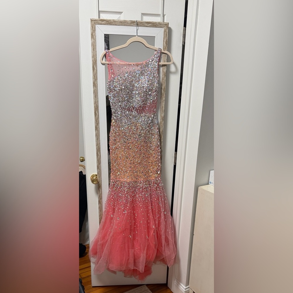 Camille La Vie Pink and Silver Sequin Prom Dress